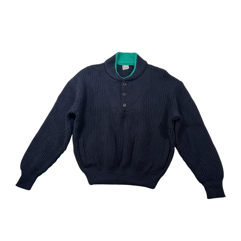 Vintage Elvstrom Italy Navy Blue‎ Wool Shawl Collar Sweater Green Trim medium